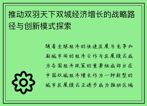 推动双羽天下双城经济增长的战略路径与创新模式探索