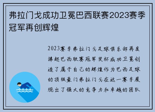 弗拉门戈成功卫冕巴西联赛2023赛季冠军再创辉煌