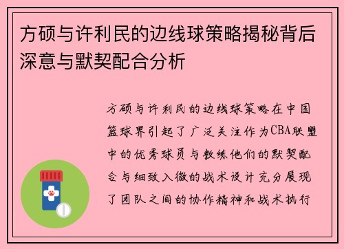 方硕与许利民的边线球策略揭秘背后深意与默契配合分析